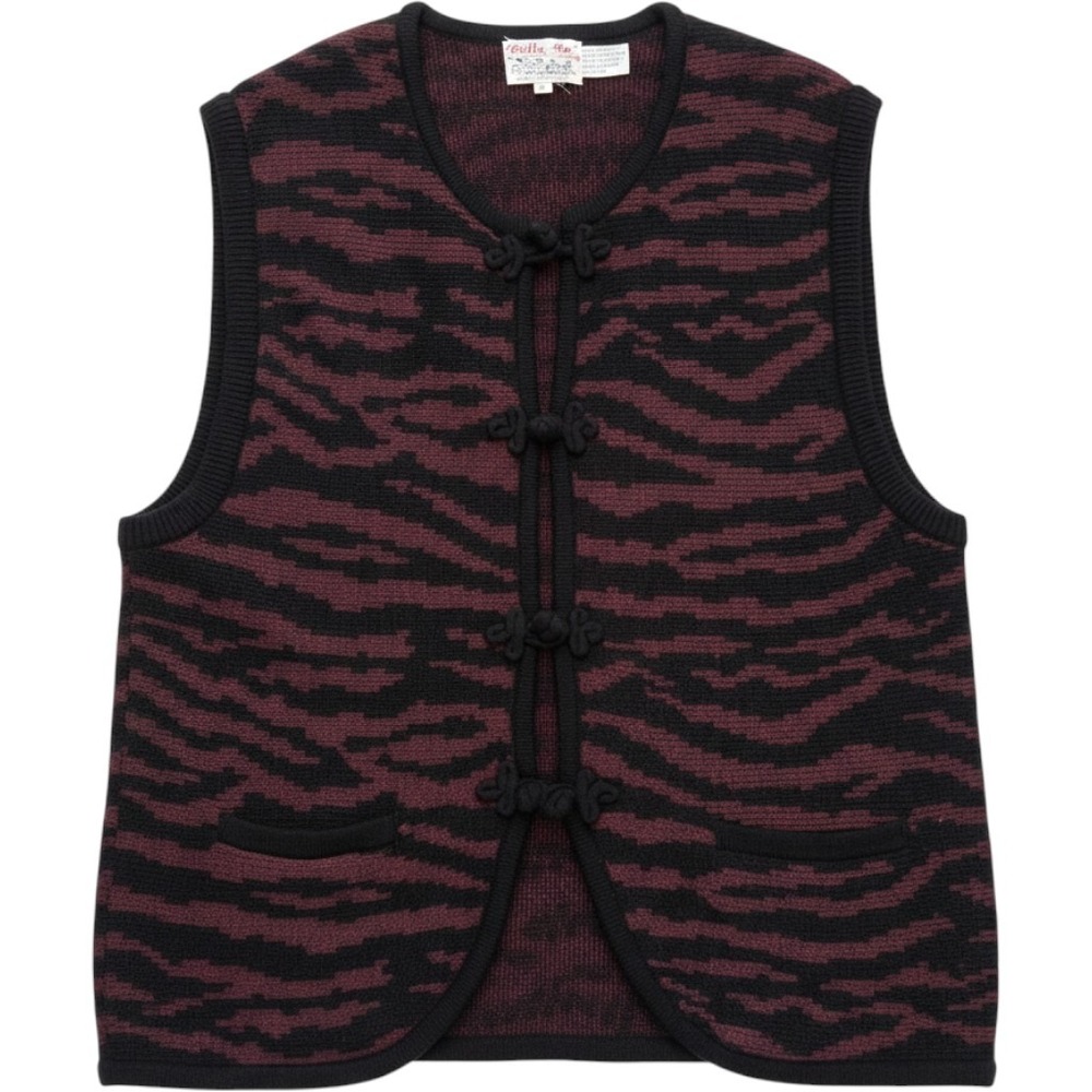 Vintage Tally-Ho Tiger Stripe Knit Vest XL Burgundy Black Frog Closure Pockets
